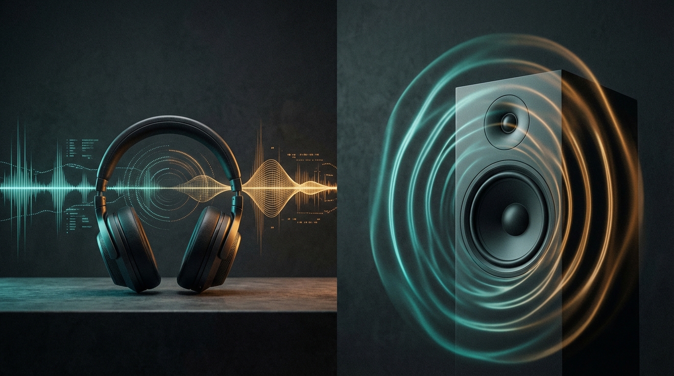 Split scene of headphones and speakers