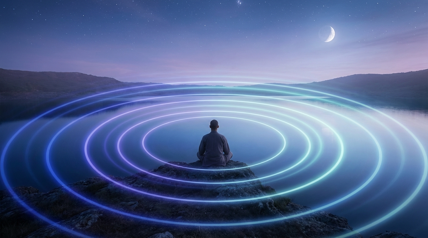 Person meditating with circular sound rings