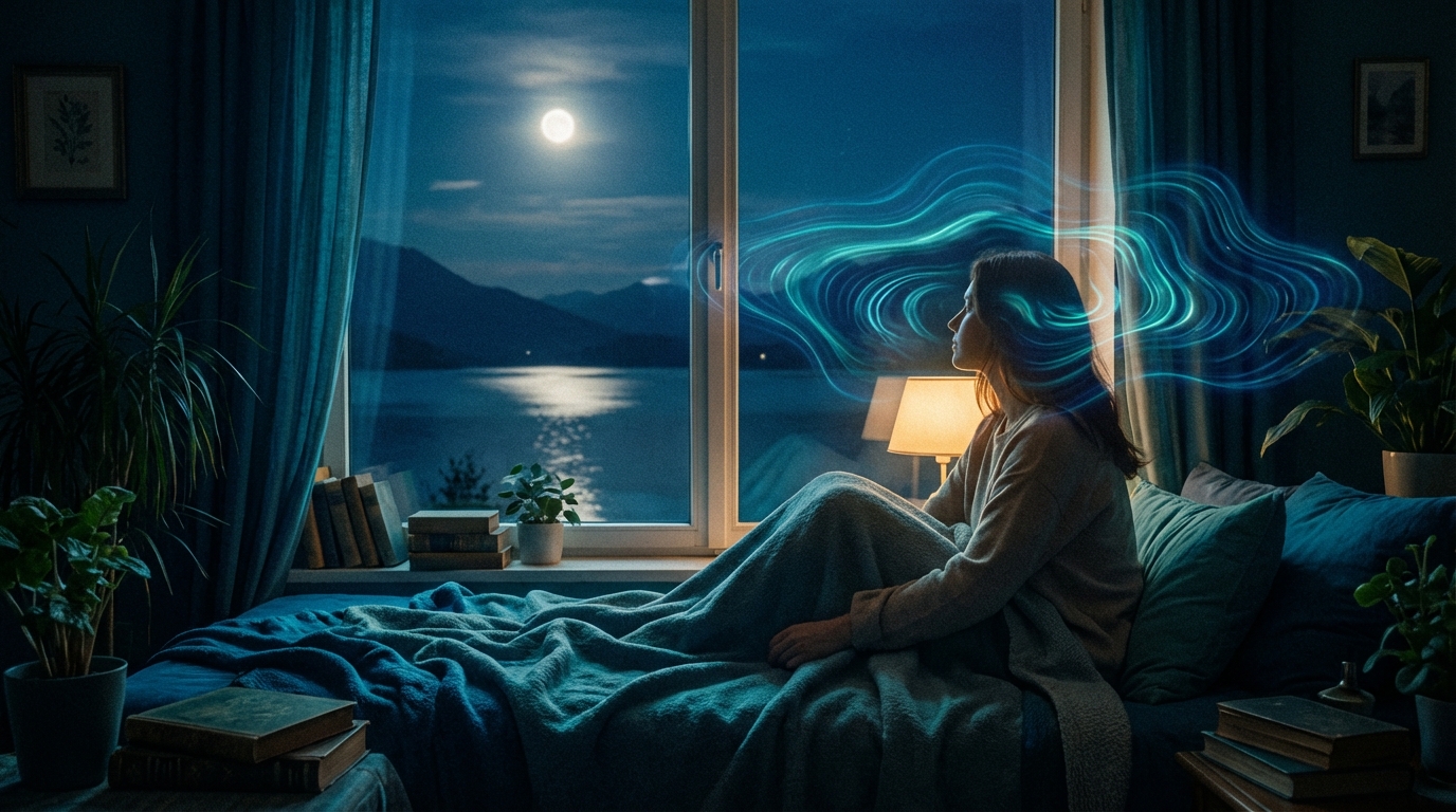 Calm room with soft waves around a person